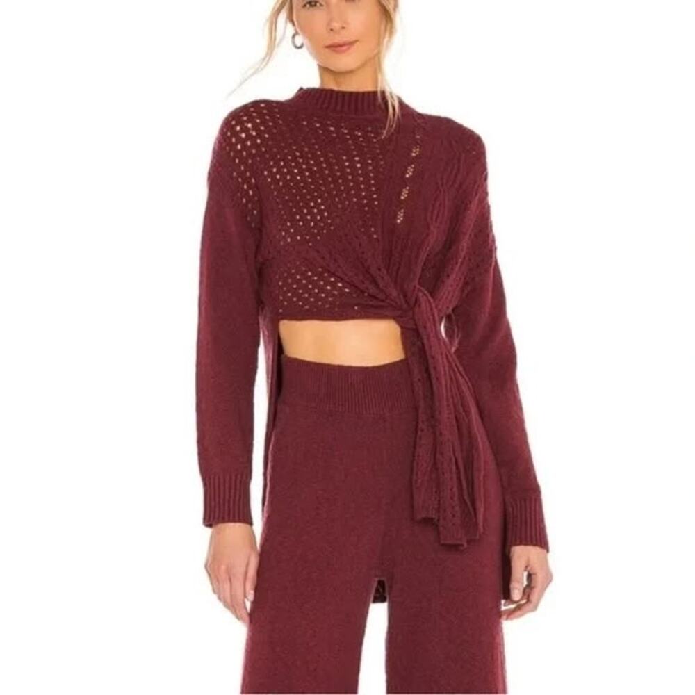 Free People Harper Tie Front Cotton Knit Maroon Mockneck Hi-Low Pullover Sweater